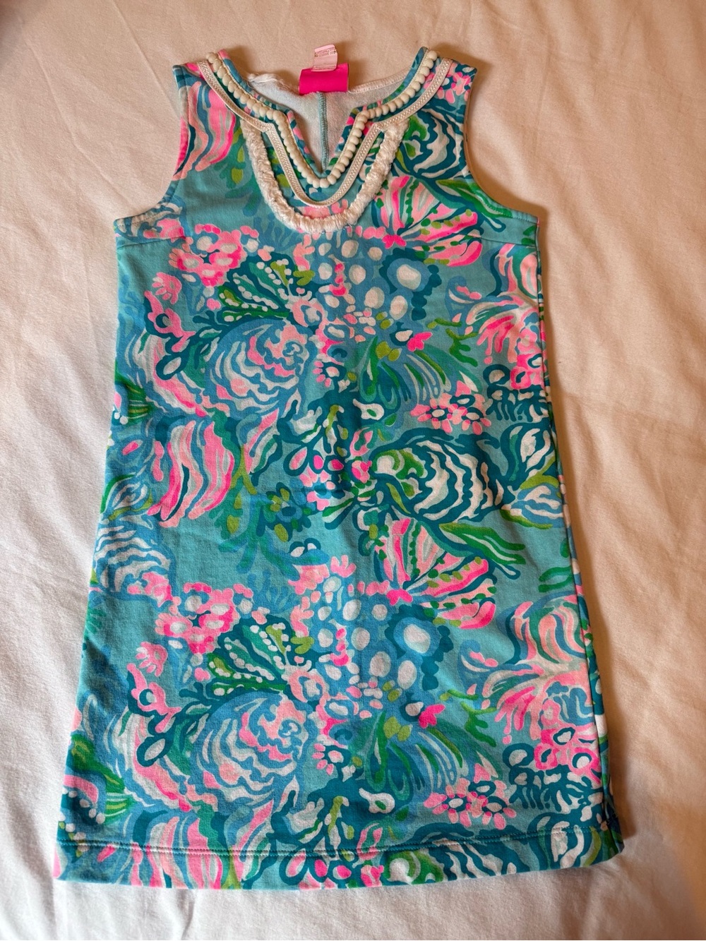 Lilly Pulitzer Girls Dress Size M (6-7) Blue Pink Teal Floral Cotton Pom Trim